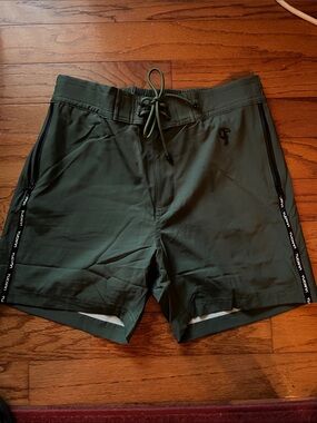 Men's khaki Green Swim Board Shorts - Performance Drawcord. 5 inch inseam